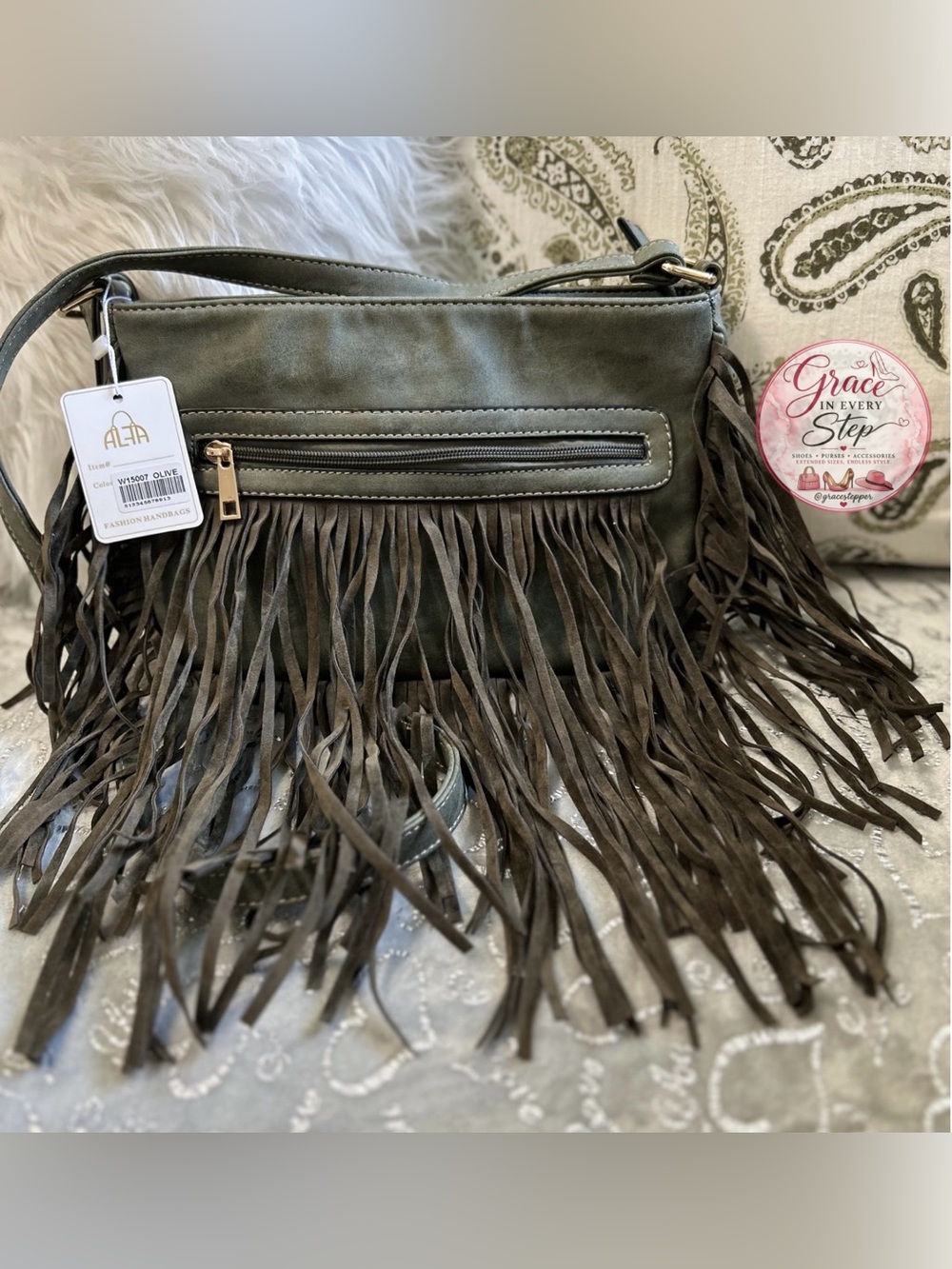 NWT ALFA Small Olive Green Fringe Crossbody Bag with Front Zip -